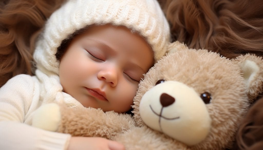 Cute baby sleeping with teddy bear, pure innocence