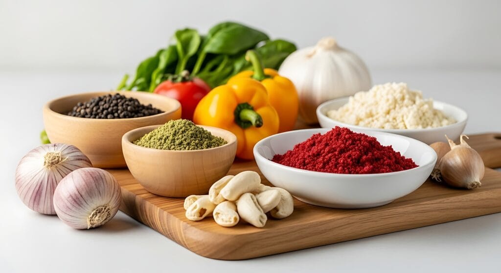 Various colorful vegetables and spices are arranged on a light wooden board, offering a vibrant and fresh culinary scene perfect for healthy food concepts.